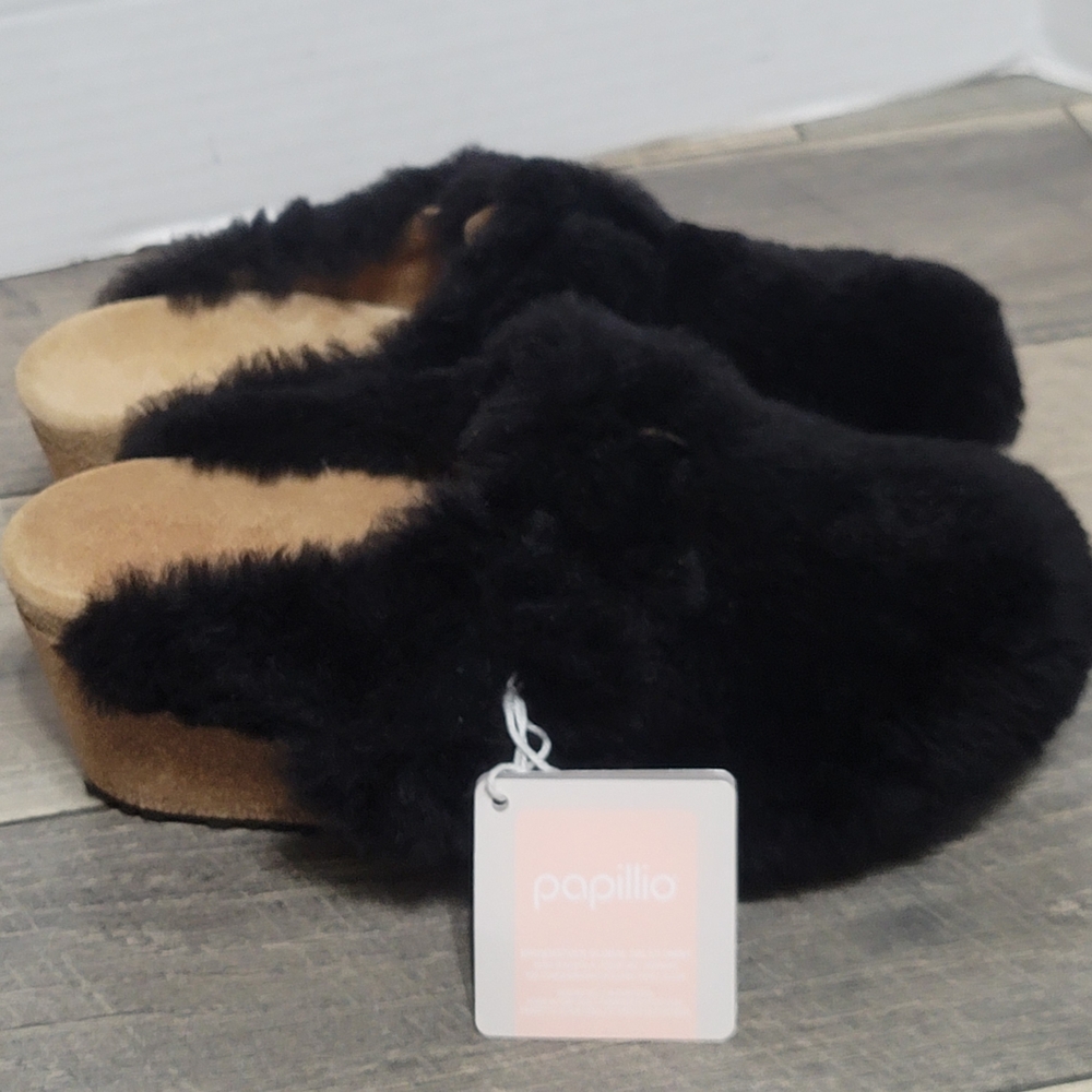 Papillio Birkenstock Fanny Teddy Wedge Mule Black Shearling Sherpa Sz 40/US Sz 9 - Picture 11 of 12